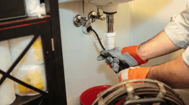 Drain cleaning technician using a motorized plumbing snake to clear a clogged sink pipe in Portland, OR